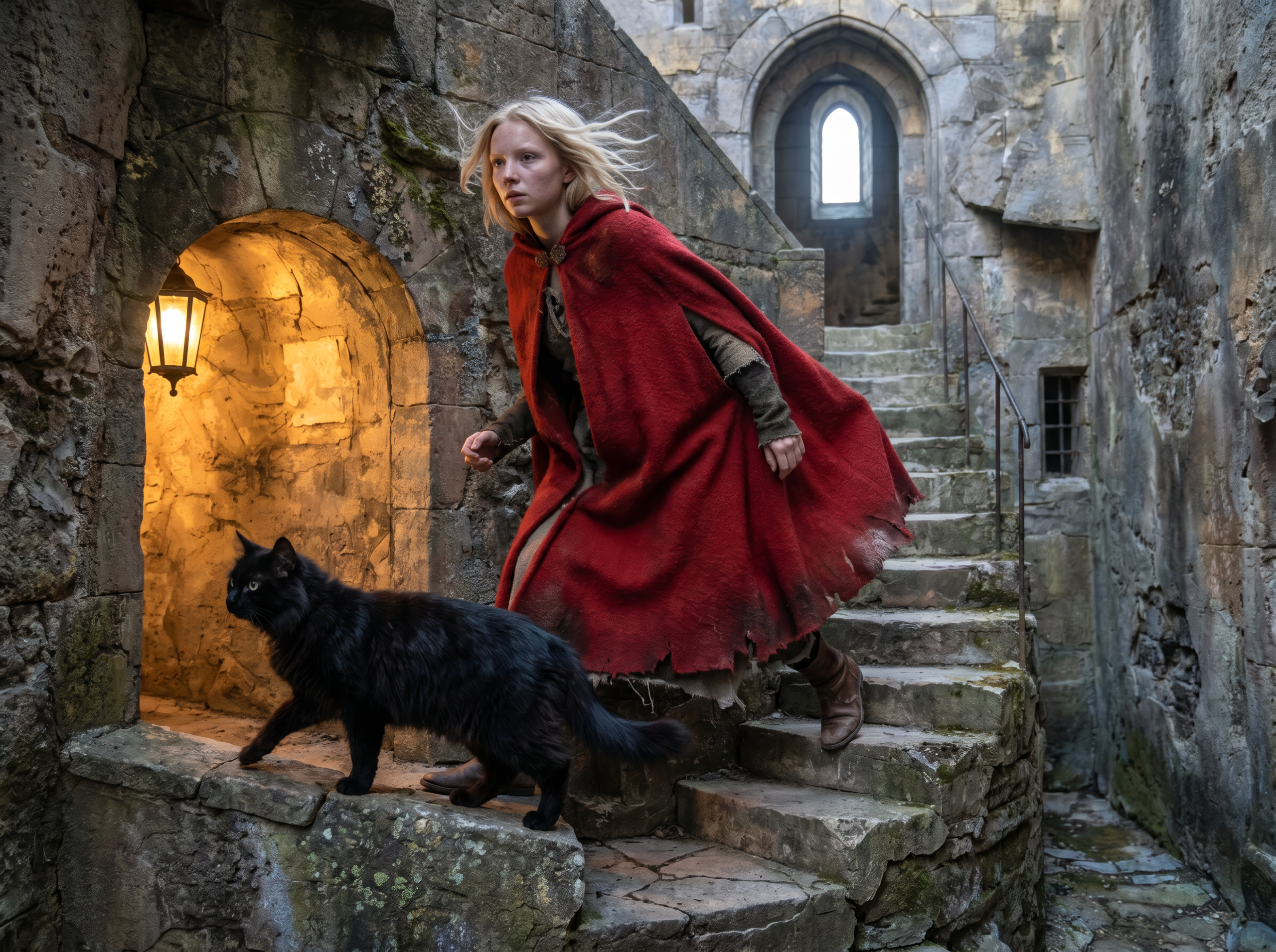 medieval woman red cloak castle
