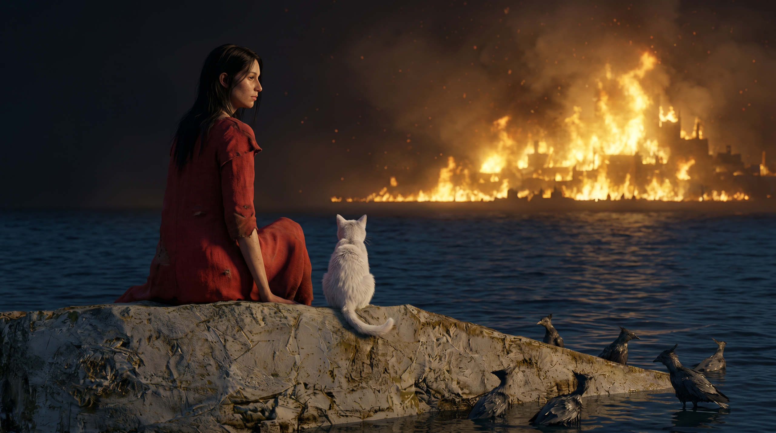 woman cat burning city shore